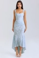 Detail of light blue floral jacquard fabric with corset style bodice and hi-low fishtail hem - S / Blue