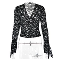 Top a maniche lunghe in pizzo nero con scollo a V profondo e polsini svasati - Taglia S / Nero