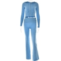 Detail of light blue knitted set with cropped zip hoodie and high-waisted flare trousers - S / Top And Bottom / Blue