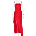 Rotes schulterfreies Maxikleid mit Raffungen und hohem Schlitz für formelle Anlässe - M / Rot