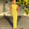 Robe longue sans manches en maille jaune néon avec détail de nœud pour l'été - S / Jaune Néon