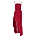 Elegant red off-shoulder maxi dress with ruched waist and high side slit detail - S / Burgundy