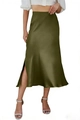 Detailed view of olive green satin skirt featuring elegant side slit and high elastic waist - S / Army Green