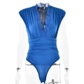 Body sexy bleu roi à col en V sans manches avec dentelle et taille plissée cintrée - S / Bleu saphir