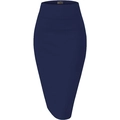 Detailed close-up of navy blue high-waisted pencil skirt with elastic blend fabric - Dark Blue
