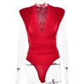 Body rosso da donna con scollo a V, bordo in pizzo e pieghe in vita in tessuto lucido - Taglia S / Rosso