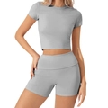 Vue détaillée de l'ensemble haut court et short taille haute gris clair pour yoga - S / Gris clair