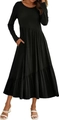 Detail of black long-sleeve midi dress featuring a pleated skirt and practical side pockets - S / Black