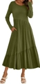 Detail view of the multi-layered tiered skirt and side pockets on a green maxi dress - S / Army Green