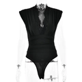 Body noir sans manches avec décolleté en V plongeant, dentelle et taille plissée - S / Noir