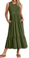 Dettaglio dell'abito smanicato verde militare con tasche laterali e gonna a balze a strati - S / Verde Militare
