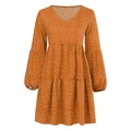 Detail of V-neck tiered polka dot dress with elastic cuffs and ruffled layers in orange-brown - Yellow Polka Dot