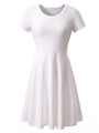 Detail of a white short-sleeve A-line dress with round neck and high waist silhouette - White