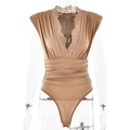 Bodysuit marron café avec col en V en dentelle sans manches et taille plissée - S / Kaki