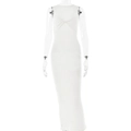 Sleeveless white bodycon knit maxi dress with a round neck and front knot detail - S / White