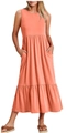 Détail d'une robe longue corail sans manches avec volants superposés et poches latérales - Rouge Orangé