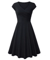 Detail showing V-neck design and ruched crossover pattern on a black A-line dress - S / Black