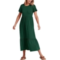 Detail view of the deep green tiered dress featuring a high waist and round neckline - S / Dark Green