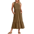 Détail d'une robe midi sans manches avec jupe à volants superposés et poches latérales - Kaki