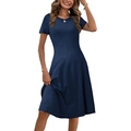Detail of navy blue A-line dress featuring a round neck and tailored waistline design - Navy Blue