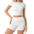 Détail du haut court et short blanc montrant la texture côtelée et le tissu extensible - S / Blanc