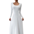 Detail showing the elegant A-line silhouette and slim-fit waist of the white dress - S / White