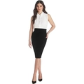 Slim fit high waist black midi skirt paired with white sleeveless collared shirt - Black