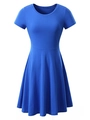 Detail view of the royal blue crew neck dress with short sleeves and high waist cut - Blue