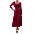 Detail of elegant dark red long sleeve maxi dress featuring high waist A-line silhouette - S / Burgundy