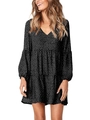 Detail of V-neck ruffled polka dot dress with long lantern sleeves and tiered skirt - Black Polka Dot