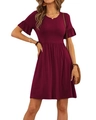 Detail of ruffle short sleeves and high waist pleated design on burgundy crewneck dress - S / Burgundy