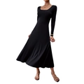 Detail of elegant black long sleeve midi dress with square neck and A-line silhouette - S / Black