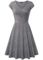 Detail of V-neckline and refined pleated chest design on the charcoal grey midi dress - S / Gray