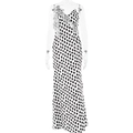 Elegantes weißes Satin-Maxikleid mit Polka-Dots und floralem Volant an der Schulter - S / Weiß