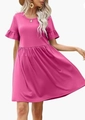 Detail view of ruffled short sleeves on this elegant rose pink crew neck casual dress - Rose Red