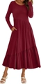 Long sleeve burgundy tiered A-line dress with crew neck and practical side pockets - S / Burgundy