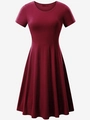 Vestido línea A rojo vino de manga corta con cuello redondo y talle alto ajustado - S / Burdeos