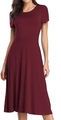 Close-up of wine red short-sleeve dress with slim waist and soft fabric texture - S / Burgundy