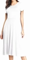 Detail of a white short-sleeved slim fit midi dress with an A-line skirt and round neck - S / White