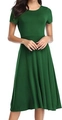 Close-up of dark green short-sleeved dress with high-waist A-line cut and round neck - S / Army Green