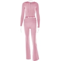 Chic pink two-piece knit set featuring a cropped zip-up hoodie and high-waist flared pants - S / Pink
