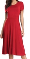 Detail view of the elegant red short-sleeved A-line midi dress with slim waist design - Red