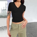 Close-up of a women's slim fit black V-neck crop top with elastic jersey texture - S / Black