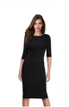 Detailansicht des Rundhalsausschnitts und der 3/4-Ärmel an einem schwarzen Kleid - S / Schwarz