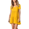 Short sleeve V-neck tiered dress in bright yellow for casual summer styling - Wheat
