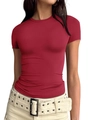 Slim fit red short sleeve t-shirt with crew neck for women in casual street style - XS / Burgundy