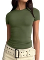 Slim fit olive green crew neck short sleeve T-shirt for women in American casual style - XS / Army Green
