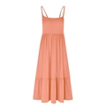 Detail of a salmon pink sleeveless tiered maxi dress with thin straps and airy fabric - Orange Red