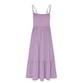 Detail of lavender tiered dress featuring thin spaghetti straps and layered summer skirt - Violet