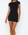 Close-up of contrast white trim on a black bodycon dress sleeve and round neckline - S / Black